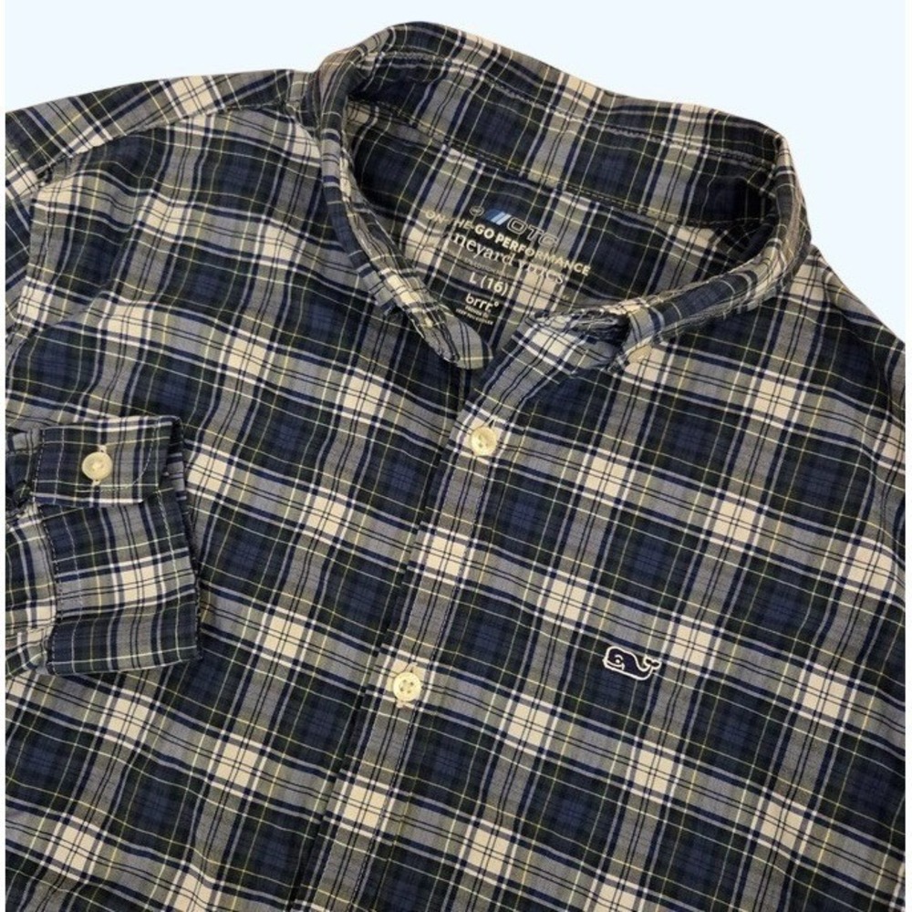 Vineyard Vines Boys On-The-Go Performance Plaid Shirt Blue White Green Large 16